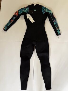 NEW women’s Roxy 3/2 elite XT ST printed FZ GBS chest zip wetsuit black floral 4